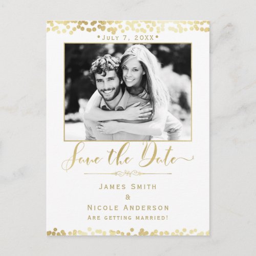 White  Gold Confetti Photo Wedding Save the Date Announcement Postcard