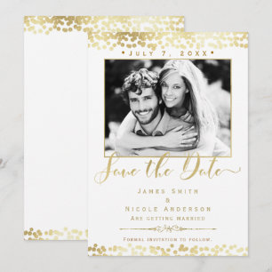 White & Gold Confetti Photo Wedding Save the Date Invitation