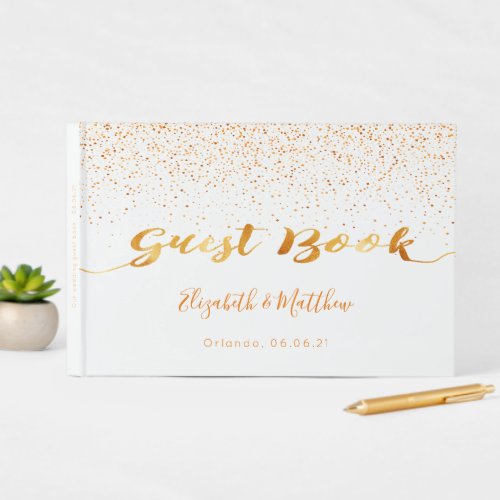 White gold confetti script wedding guest book