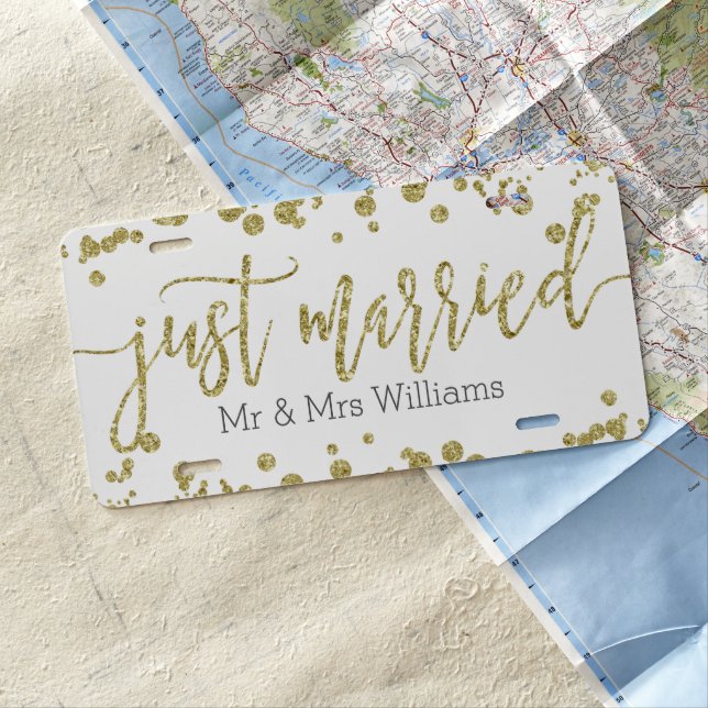 White & Gold Confetti Wedding Just Married License Plate (In Situ)