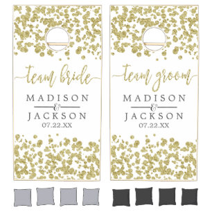 White & Gold Confetti Wedding Monogram Cornhole Set