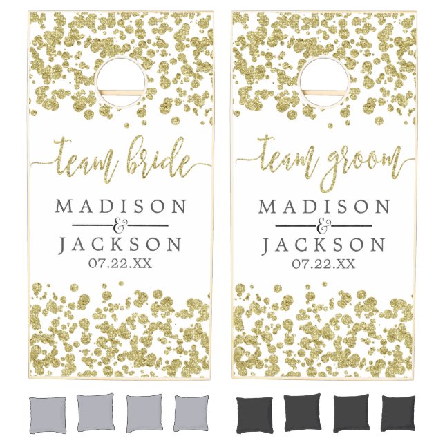 White & Gold Confetti Wedding Monogram Cornhole Set (Set)