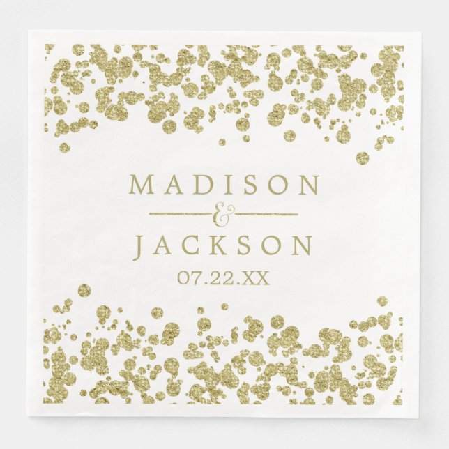 White & Gold Confetti Wedding Monogram Paper Dinner Napkins (Front)
