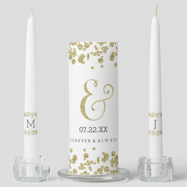 White & Gold Confetti Wedding Monogram Unity Candle Set (Front)