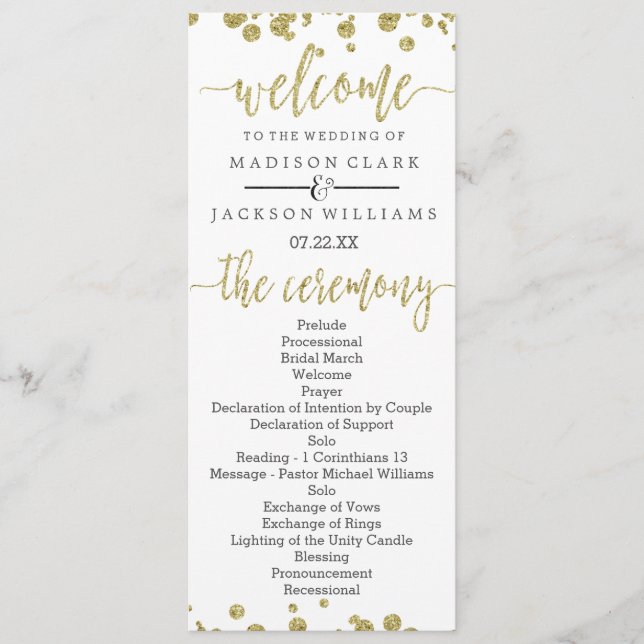 White & Gold Confetti Wedding Program (Front)