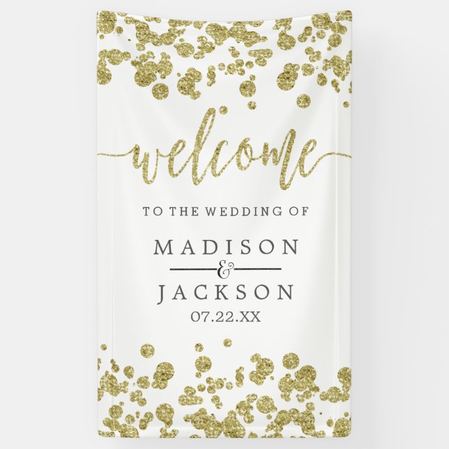 White & Gold Confetti Wedding Welcome Banner (Vertical)