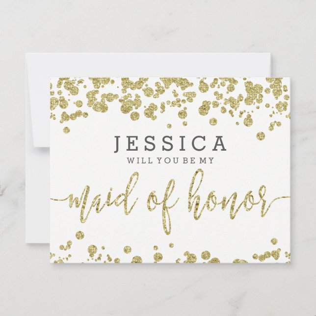 White & Gold Confetti Will You Be My Maid of Honor Invitation (Front)