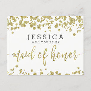 White & Gold Confetti Will You Be My Maid of Honor Invitation