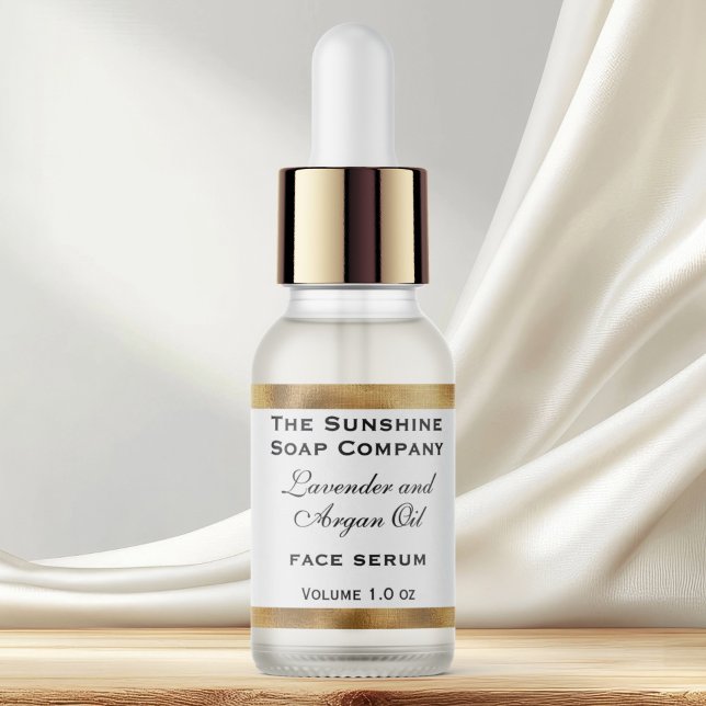 White & gold cosmetics dropper bottle label - tiny (This label measures 2.25 inches long by 0.75 inches high (57 mm long by 19 mm in height) )