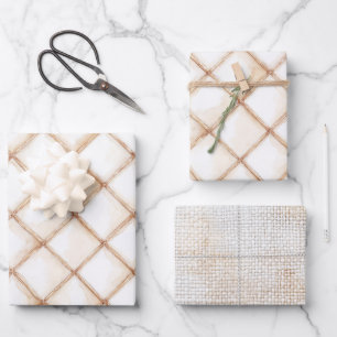 White Gold Cream Stripes Squares Birthday Wrapping Paper Sheets