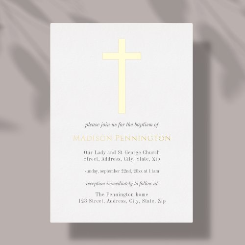 White  Gold Cross Baptism Foil Invitation