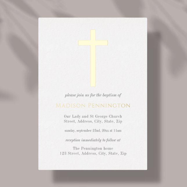 White & Gold Cross Baptism Foil Invitation (Creator Uploaded)