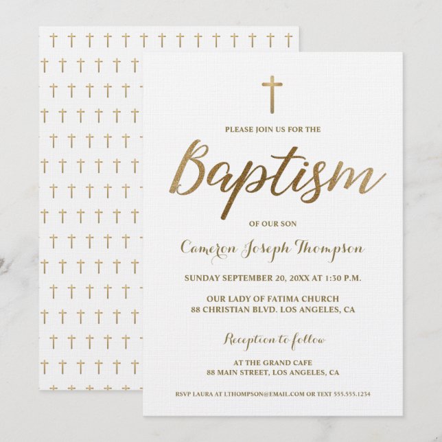 White Gold Cross Custom Baby boy Baptism Invitation (Front/Back)