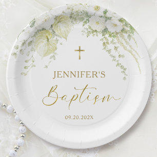 White & Gold Cross Floral Baptism Round Paper Plates
