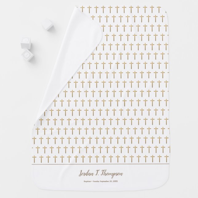 White Gold Cross Pattern Custom Baby Baptism Baby Blanket (In Situ)