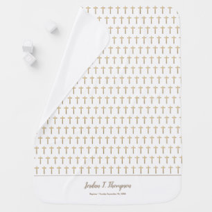 White Gold Cross Pattern Custom Baby Baptism Blanket