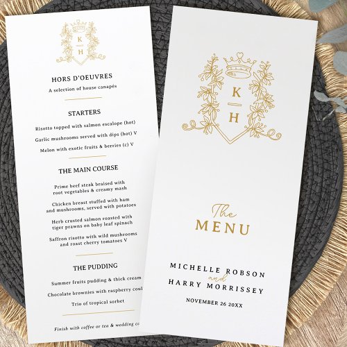 White gold crown crest monogram wedding menu