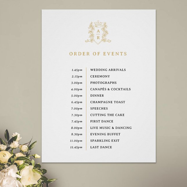 White gold crown monogram order of events wedding poster (Creator Uploaded)