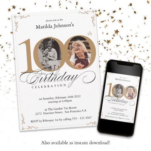 White Gold Custom Photo 100th Birthday Party Invitation