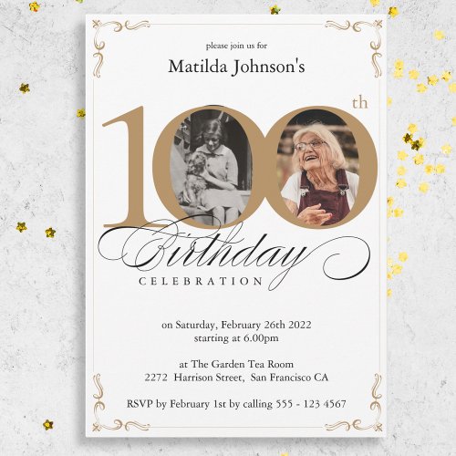 White Gold Custom Photo 100th Birthday Party Invitation