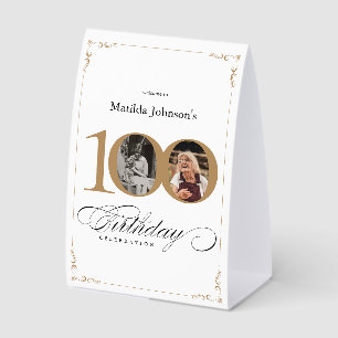 White Gold Custom Photo 100th Birthday Party Menu Paper Table Tent
