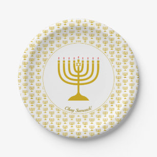 White Gold Customizable   Hanukkah   MENORAH Paper Plates