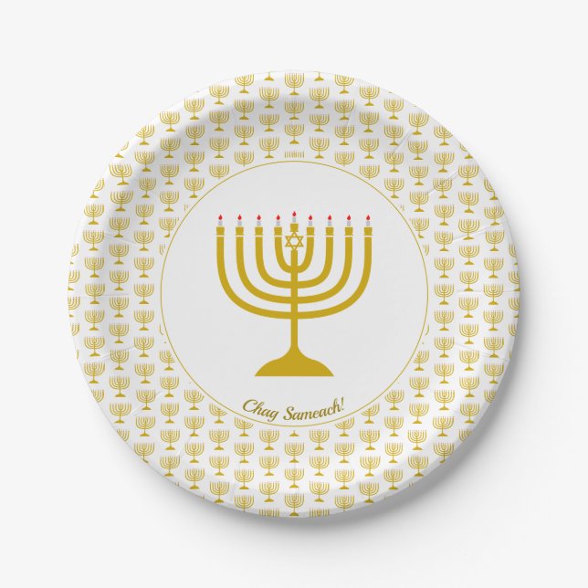 White Gold Customizable | Hanukkah | MENORAH Paper Plates (Front)