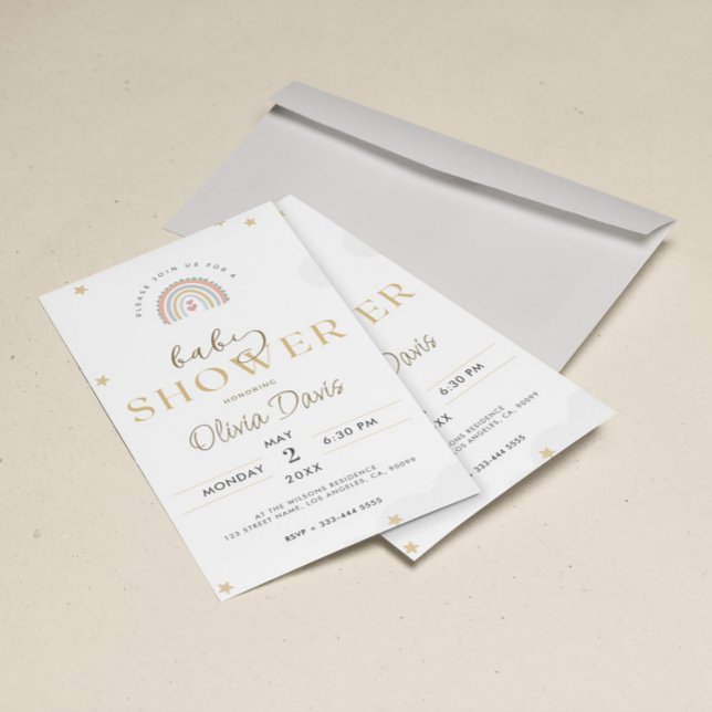 White Gold Cute Rainbow Baby Shower Invitation (Creator Uploaded)