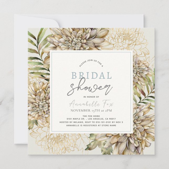 White & Gold Dahlia Floral Bridal Shower Invitation (Front)