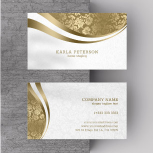 White & Gold Damask Dynamic Lines Monogram Business Card