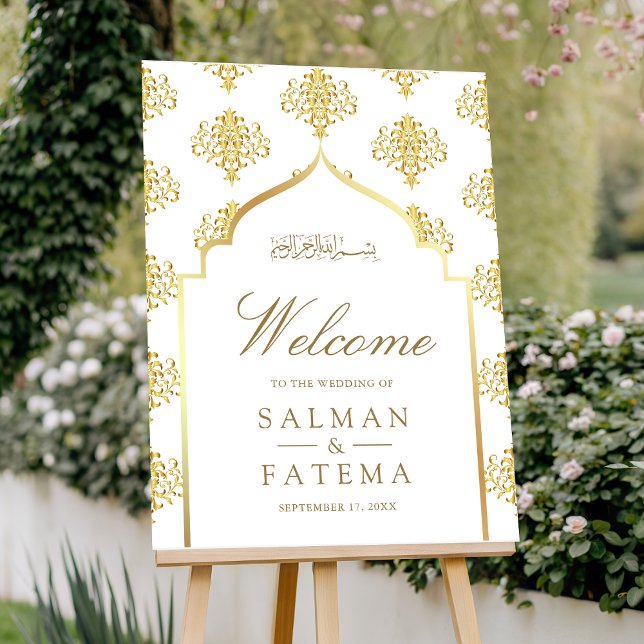 White Gold Damask Muslim Wedding Welcome Sign (Creator Uploaded)
