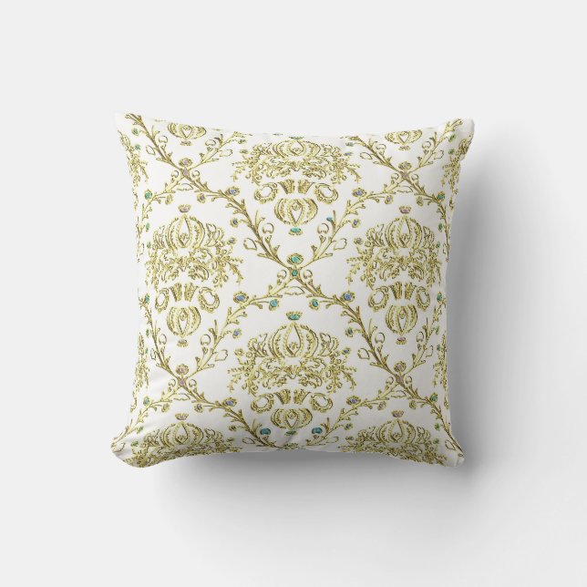 White Gold Damask Print Vintage Look Throw Pillow (Front)