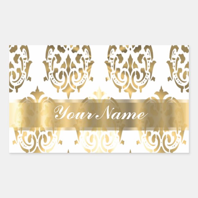 White & gold damask rectangular sticker (Front)