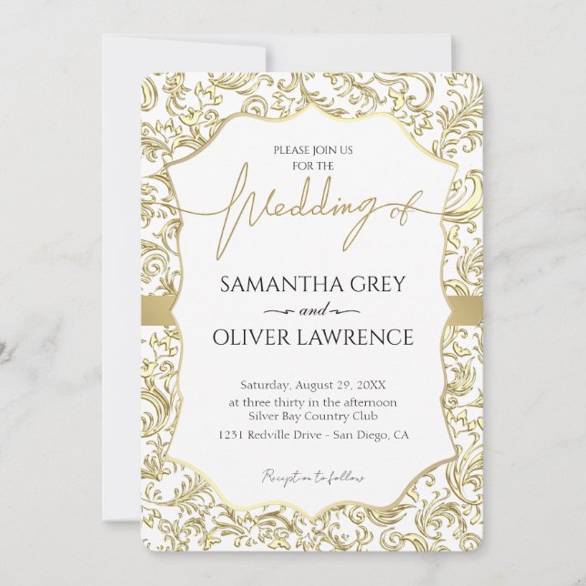 White & Gold Damask Wedding Invitation (Front)