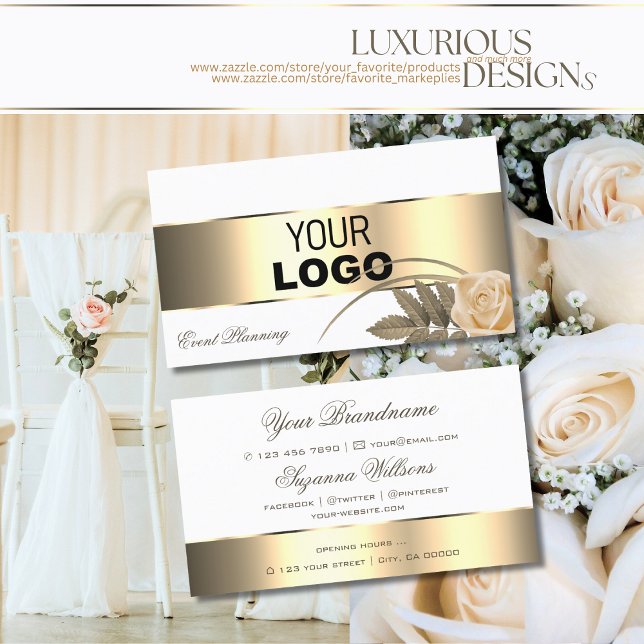 White Gold Decor and Cute Rose Flower with Logo Business Card (Creator Uploaded)