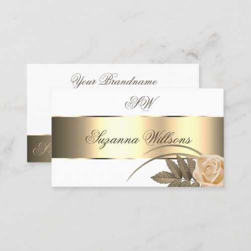 White Gold Decor Cute Rose Flower with Initials Business Card