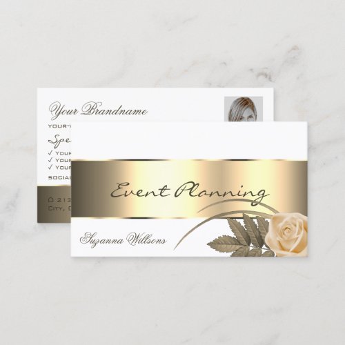 White Gold Decor Cute Rose Flower with Photo Business Card
