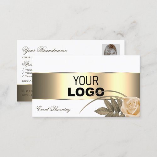 White Gold Decor Rose Flower with Logo and Photo Business Card