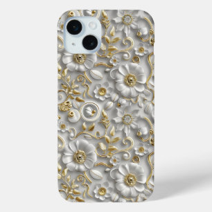 White Gold Decorative 3D Flora Floral iPhone 15 Plus Case