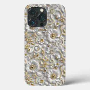 White Gold Decorative 3D Flora Floral iPhone 13 Pro Case