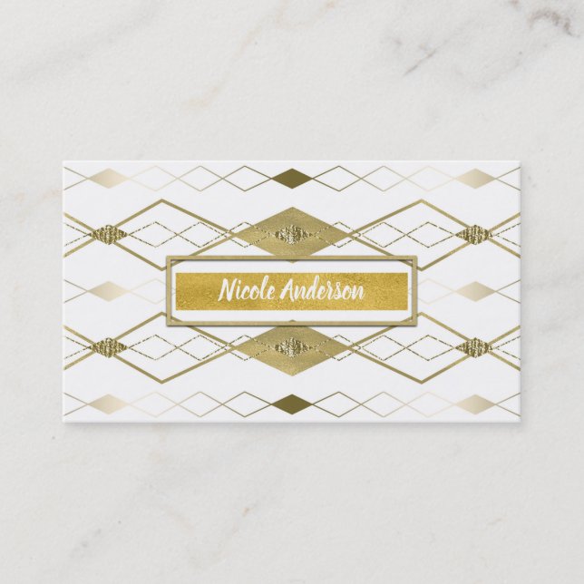 White & Gold Diamond Glamour Modern Classy Elegant Business Card (Front)