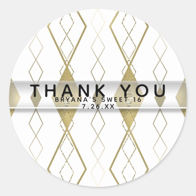 White & Gold Diamond Glamour Modern Party Favor Classic Round Sticker (Front)