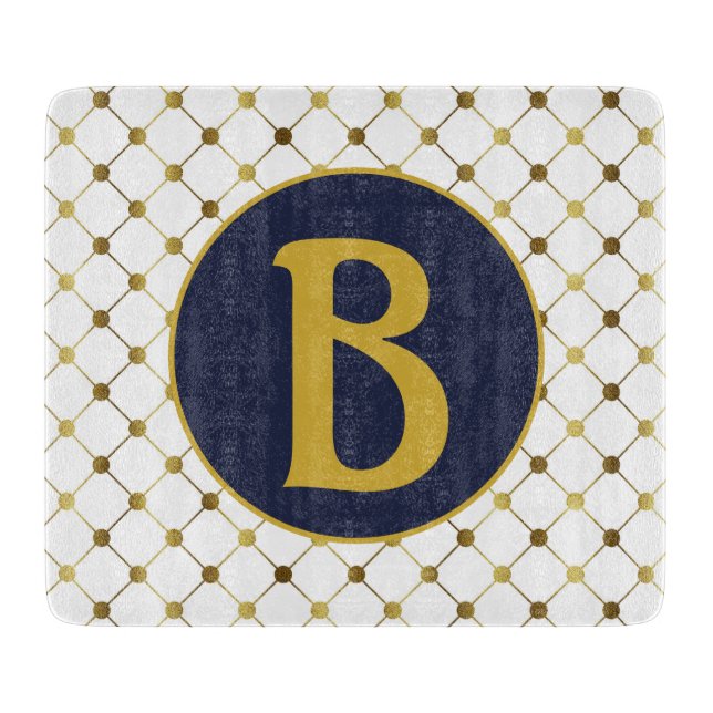 White & Gold Dot Grid Monogram Cutting Board (Front)