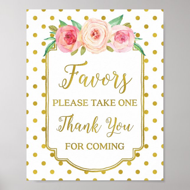 White Gold Dots Blush Floral Favors Sign (Front)