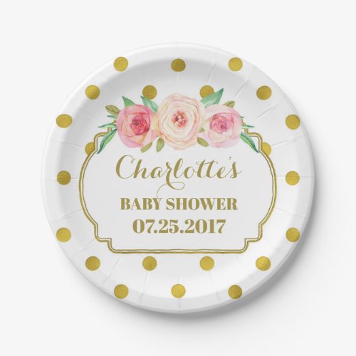 White Gold Dots Floral Baby Shower Plate