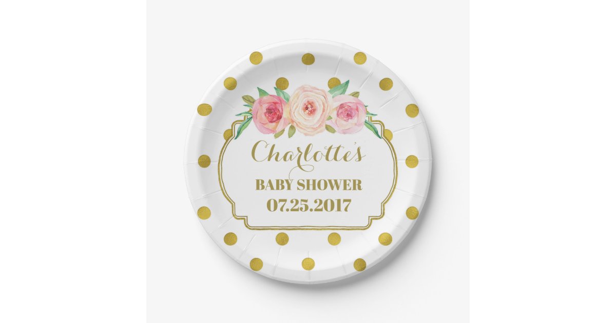 White Gold Dots Floral Baby Shower Plate Zazzle