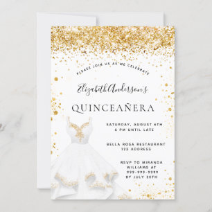 White gold dress glitter Quinceanera Invitation
