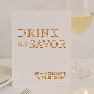 White & Gold Drink & Savor Wedding Bar Sign Foil  Holiday Card