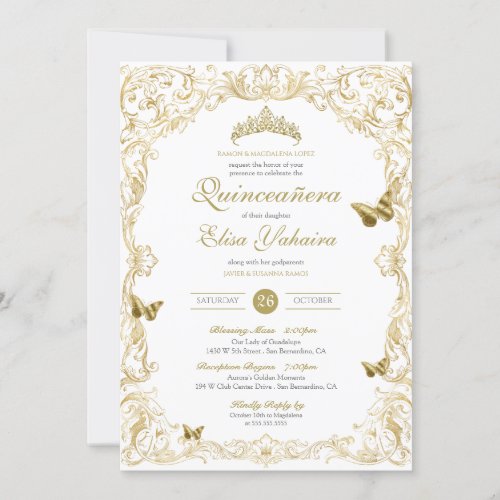 White Gold Elegant Baroque Regal Quinceanera Invitation