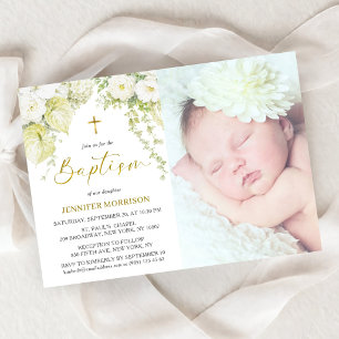 White Gold Elegant Floral Baptism Photo Invitation